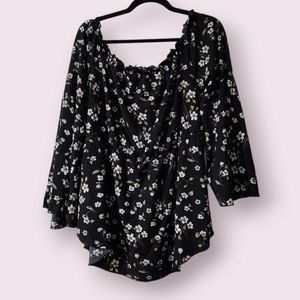 Shein Curve Floral Off the Shoulder Blouse Women's Size 1XL Flared Sleeve